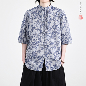 新品夏2026提花3色风汉服短袖衬衫/衬衣A672-p65,条纹衬衫外搭配什么裤子图片
