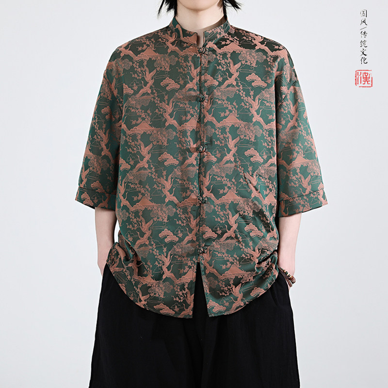 仙鹤提花夏季新品2026风汉服短袖衬衫/衬衣A678-p65,男装T恤,钱塘7008(原4008)