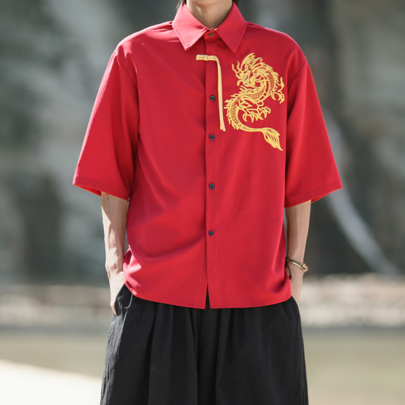 爆3色龙刺绣防皱冰丝夏2025风汉服短袖衬衫/衬衣A818-p68,男装T恤,钱塘7008(原4008)
