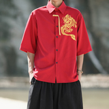 爆3色龙刺绣防皱冰丝夏2025风汉服短袖衬衫/衬衣A818-p68，男装T恤，钱塘7008(原4008)