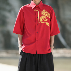 爆3色龙刺绣 防皱冰丝 夏2025 风 汉服短袖衬衫/衬衣A818-p68图片
