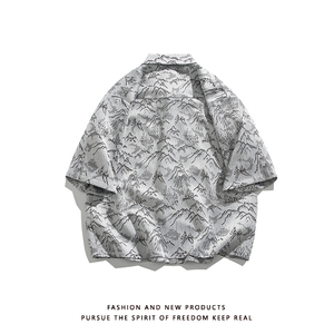 山水提花 防皱冰丝 夏2025 风 汉服短袖衬衫/衬衣A819-p65图片