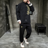 A1007中国风2021飞龙刺绣棉麻盘扣/唐装/汉服套装P130，男装民族服装，钱塘7008(原4008)