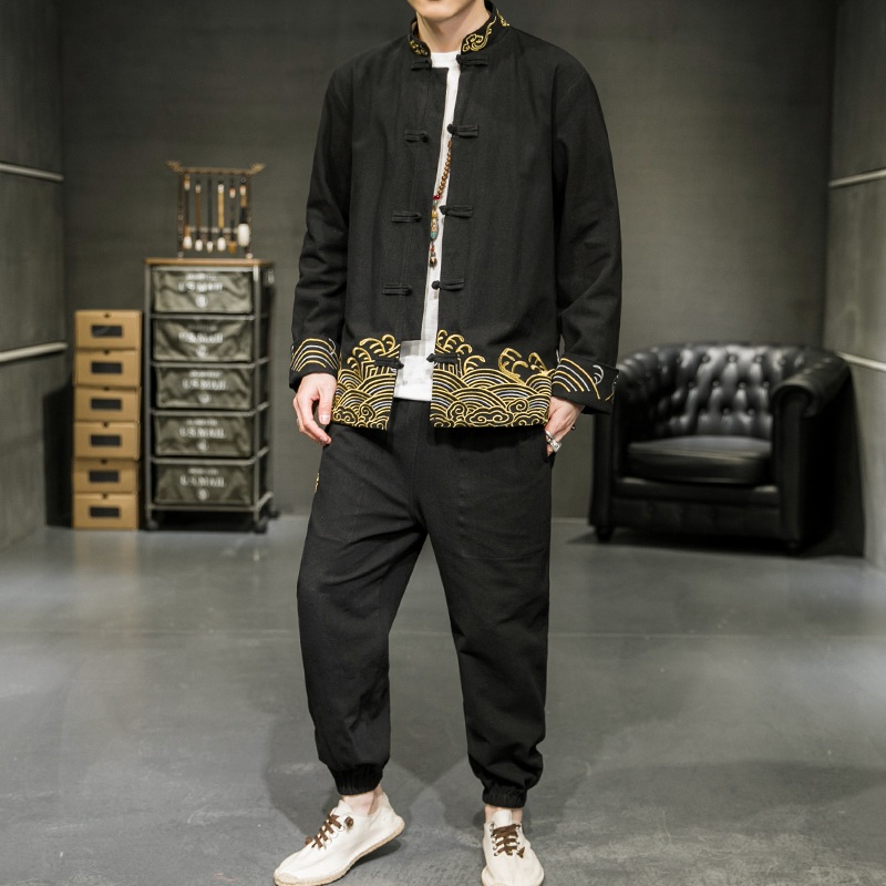A2029主推中国风2021爆款撞色刺绣棉麻/唐装/汉服套装P125，男装民族服装，钱塘7008(原4008)