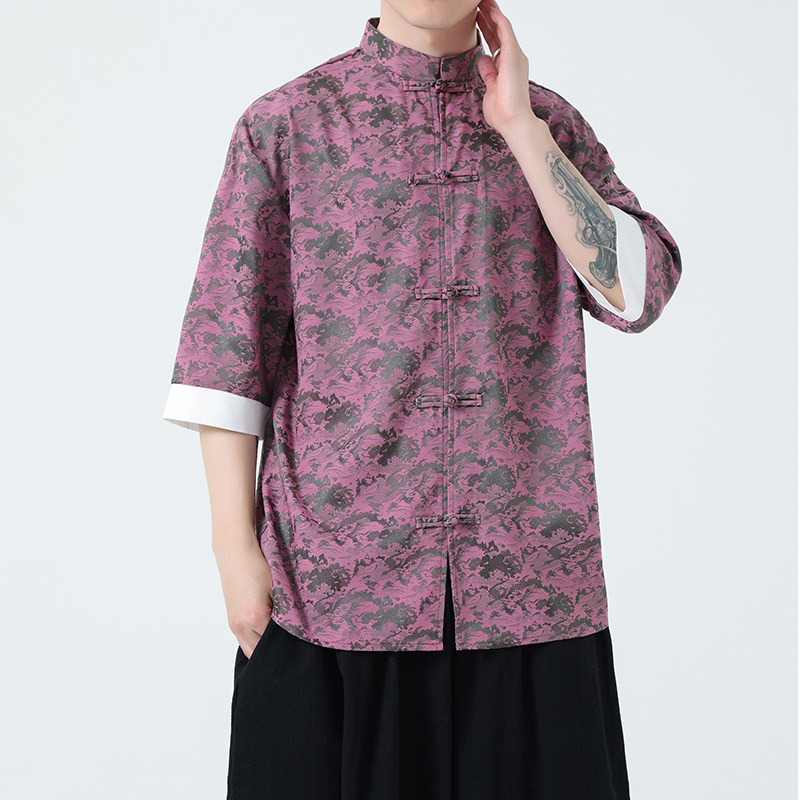 冰丝提花夏季2026新中式短袖衬衫/衬衣A621*p65,男装T恤,钱塘7008(原4008)