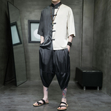 夏款2026大码风拼色冰丝面料盘扣汉服短袖套装A873-p90，男装T恤，钱塘7008(原4008)