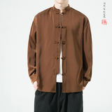 风2026春百搭白色亮面缎纹唐装汉服长袖衬衫A7100*P68，男装衬衫，钱塘7008(原4008)