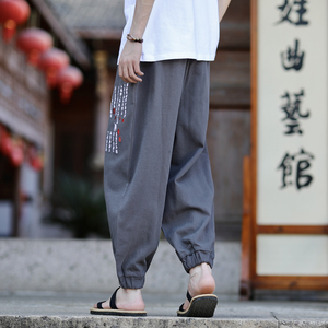 风大码2025夏款 文字刺绣棉麻 哈伦裤 休闲裤子特A506-p45图片