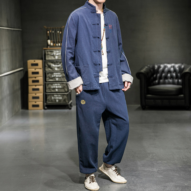 A2020中国风202夜光反光条设计棉麻盘扣/唐装/汉服套装P120,男装民族服装,钱塘7008(原4008)