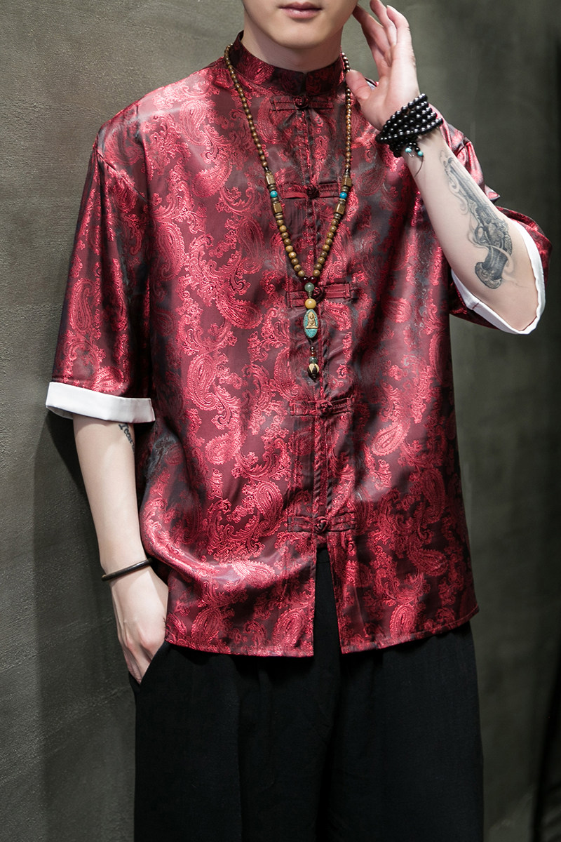 跑量夏2026红色冰丝5色风汉服短袖衬衫/衬衣A867-p48,男装T恤,钱塘7008(原4008)