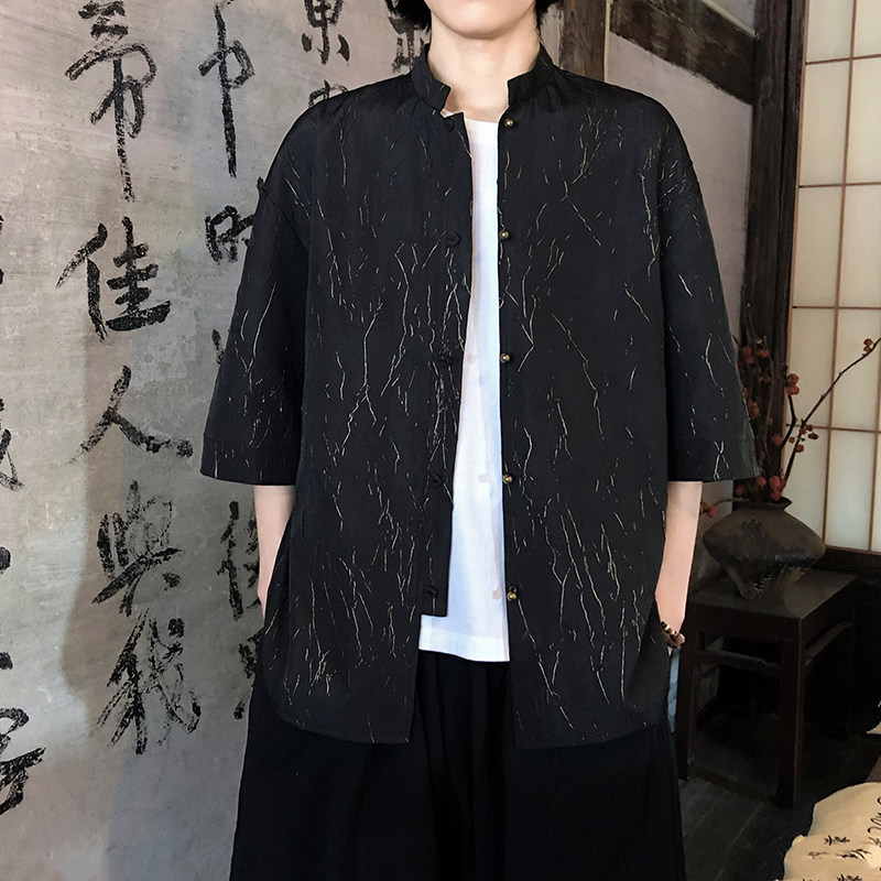 烫金褶皱设计夏季新品2026风汉服短袖衬衫/衬衣A811-p65,男装T恤,钱塘7008(原4008)