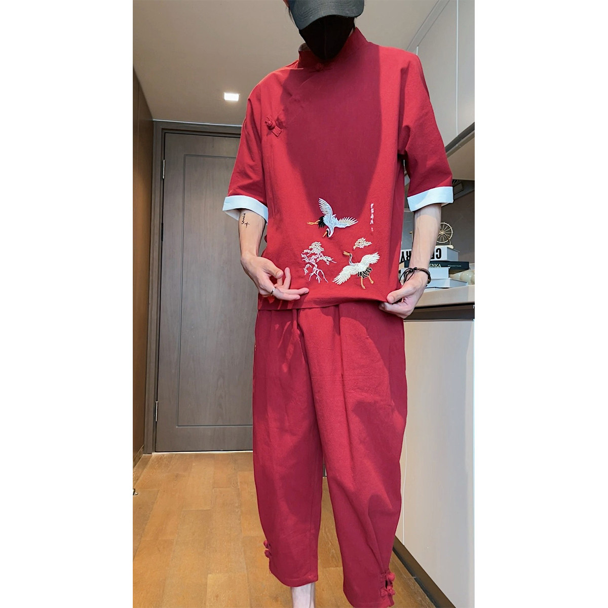 短视频风2026夏仙鹤刺绣棉麻T恤+九分裤短袖套装A736-P100，男装T恤，钱塘7008(原4008)