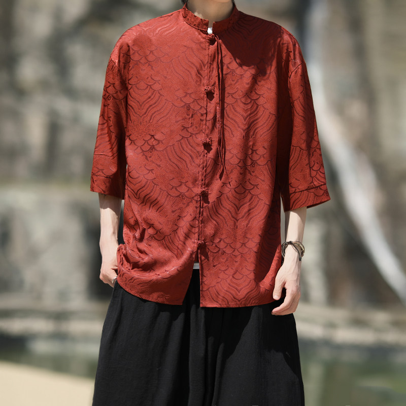 夏祥云2025冰丝2色风汉服短袖衬衫/衬衣A665-p65,男装T恤,钱塘7008(原4008)