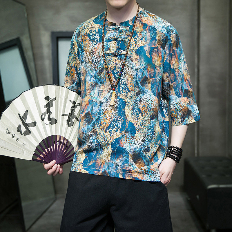 特价A884*冰丝大码风夏2026汉服盘扣男短袖T恤p45,男装T恤,钱塘7008(原4008)