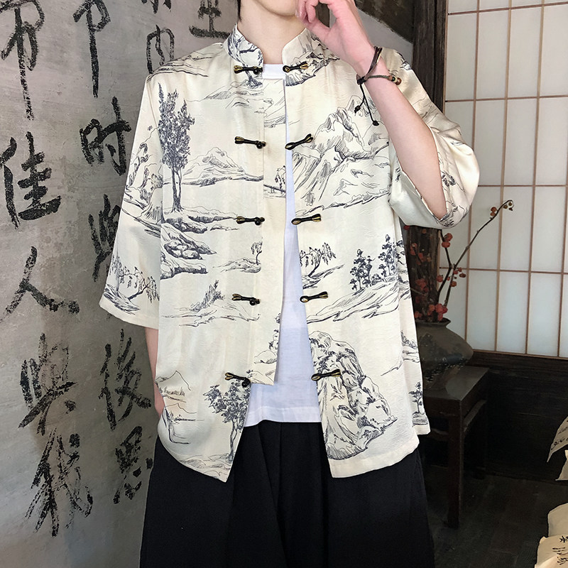 夏季新品2026风汉服短袖衬衫/衬衣A675-p65,男装T恤,钱塘7008(原4008)