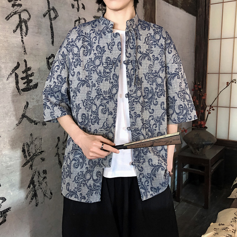 新品夏2026提花3色风汉服短袖衬衫/衬衣A672-p65，男装T恤，钱塘7008(原4008)