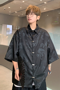港风新中式 龙纹提花金属对扣 中性款 短袖衬衫A663*P58图片
