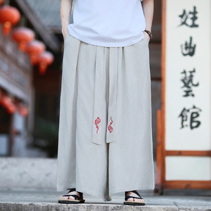 亚麻 2026春新中式祥云刺绣 宽松版 阔腿裤长裤 休闲裤A102-p70图片