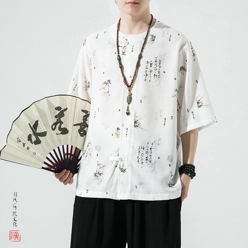 风夏2026仿麻水洗抗皱唐装汉服短袖衬衫/衬衣A868-p55,男装T恤,钱塘7008(原4008)