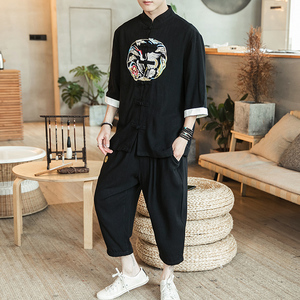 A733*人气2021大码中国风刺绣款侧口袋盘扣汉服套装p100