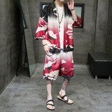 A3028*大码2021中国风仙鹤渐变沙滩休闲冰丝面料汉服套装p80，男装休闲套装，钱塘7008(原4008)