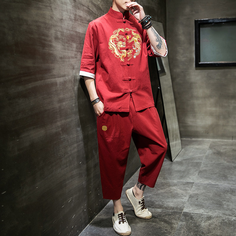 A1040*中国风夏季2021龙凤刺绣团购棉麻短袖T恤+七分裤套装P100,男装休闲套装,钱塘7008(原4008)