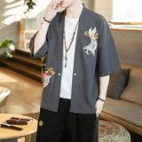 JJ002夏汉服开衫中国风大码2021鱼刺绣短袖开衫p45，男装民族服装，钱塘7008(原4008)