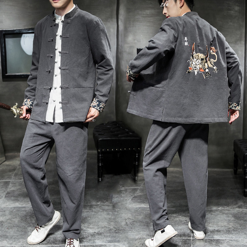A795中国风2021秋冬盘扣设计年兽印花汉服套装P100,男装休闲套装,钱塘7008(原4008)