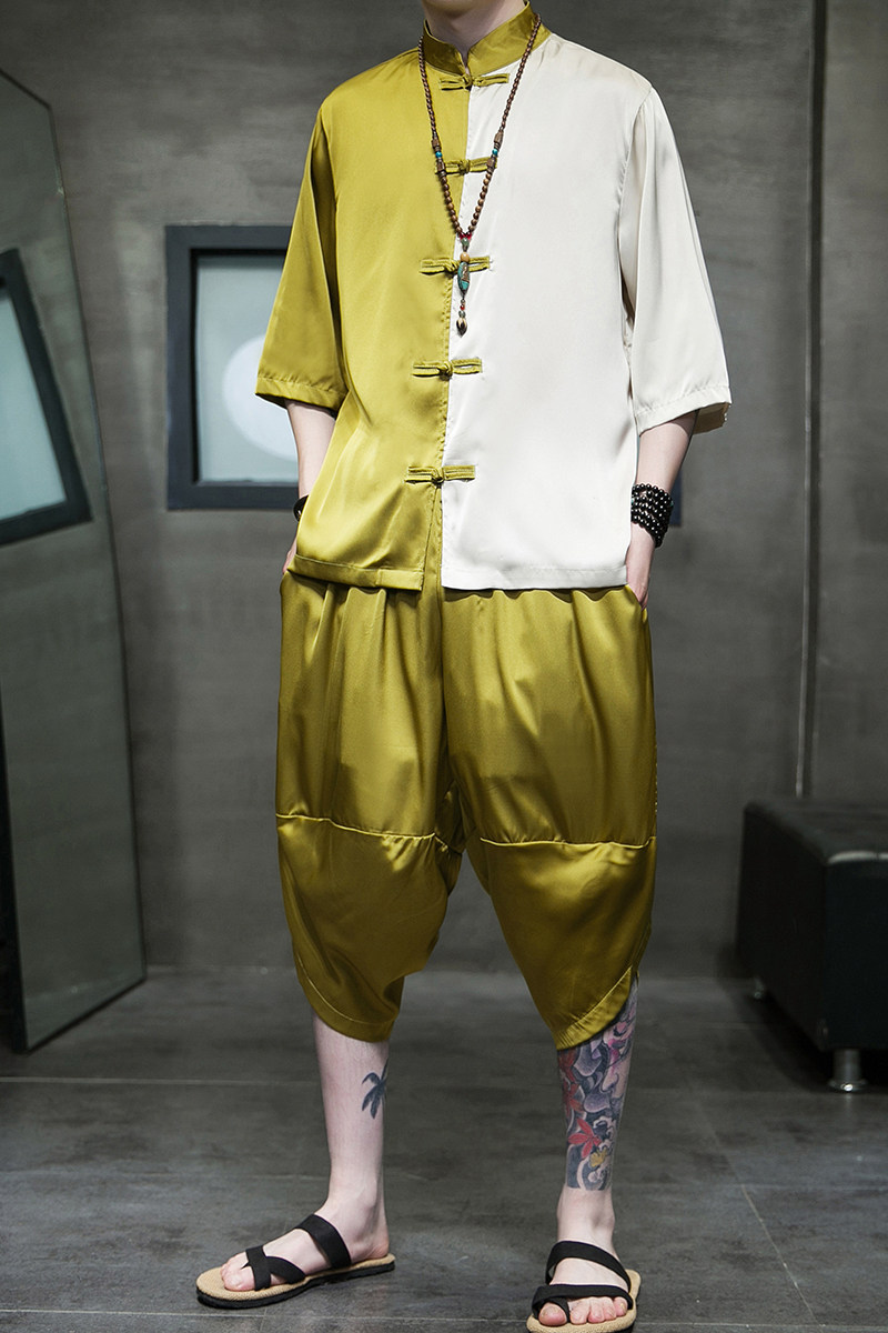 夏2025大码风拼色冰丝面料盘扣汉服短袖套装A873p90,男装T恤,钱塘7008(原4008)