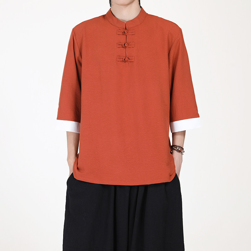 7色跑量2025风夏季云朵感盘扣男汉服短袖T恤A8007-p40,男装T恤,钱塘7008(原4008)