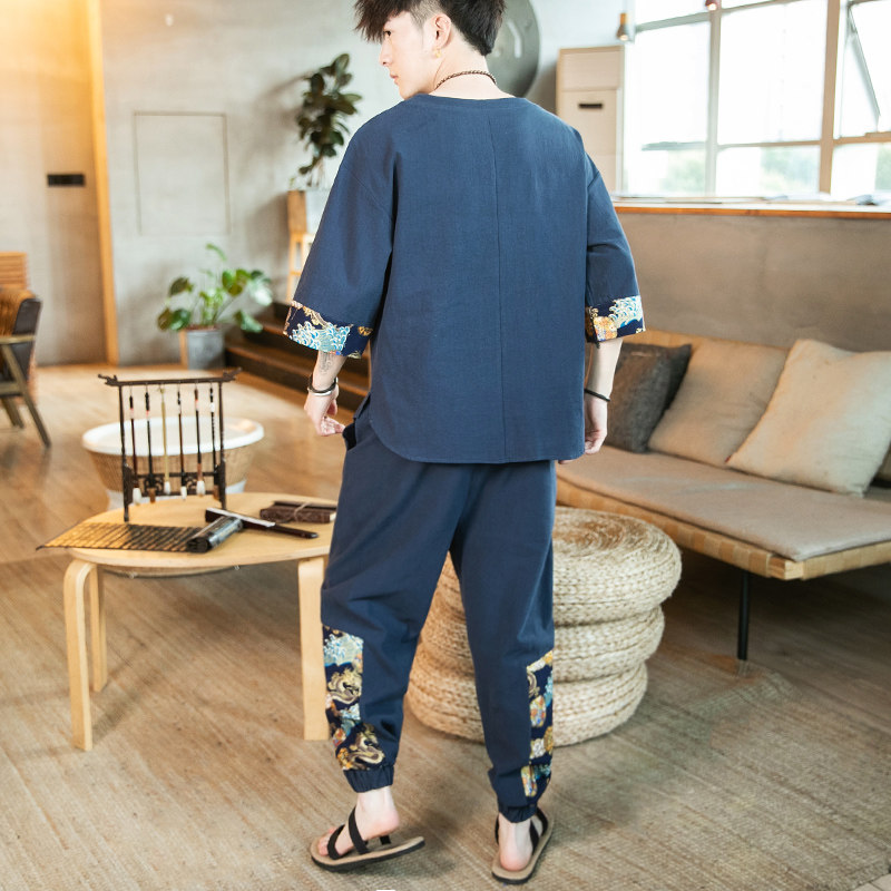 A1031*咖啡厅中国风大码2021拼接花色短袖T恤+九分裤套装P95,男装休闲套装,钱塘7008(原4008)