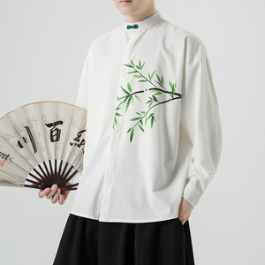 2026春竹子印花新中式婚礼绸缎盘扣长袖衬衫A906*P68