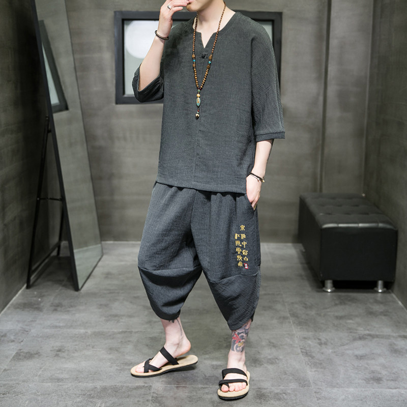 特价风夏季2026冰丝树皮皱T恤+七分裤哈伦裤套装A3002-P70，男装牛仔裤，钱塘7008(原4008)