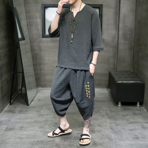 特价风夏季2026 冰丝树皮皱 T恤+七分裤哈伦裤套装A3002-P70，男装牛仔裤，钱塘7008(原4008)