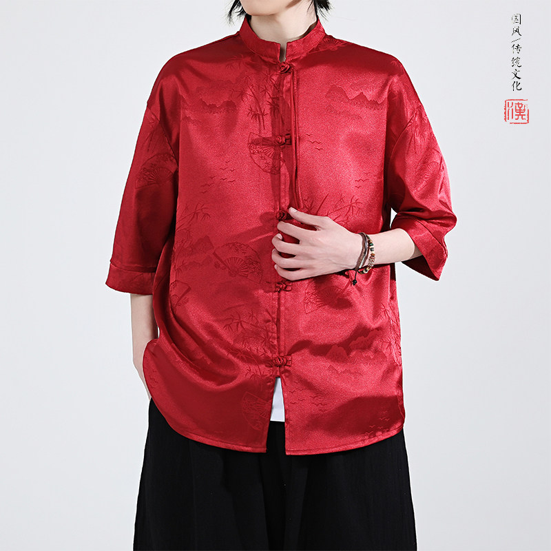 扇子提花 夏季新品2025 风 汉服短袖衬衫/衬衣A679-p65图片