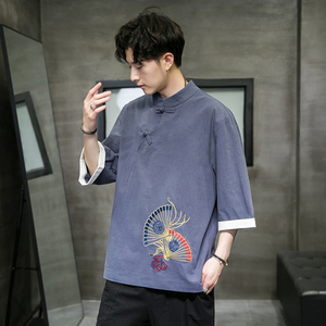 A3015中国风大码2021夏新品 3色 扇子刺绣 宽松短袖T恤p55图片