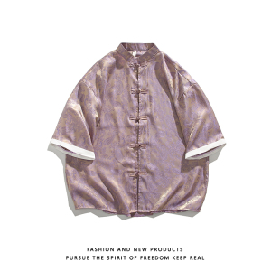 平铺白底夏新款2024 冰丝5色 风 汉服短袖衬衫/衬衣A867-p48图片