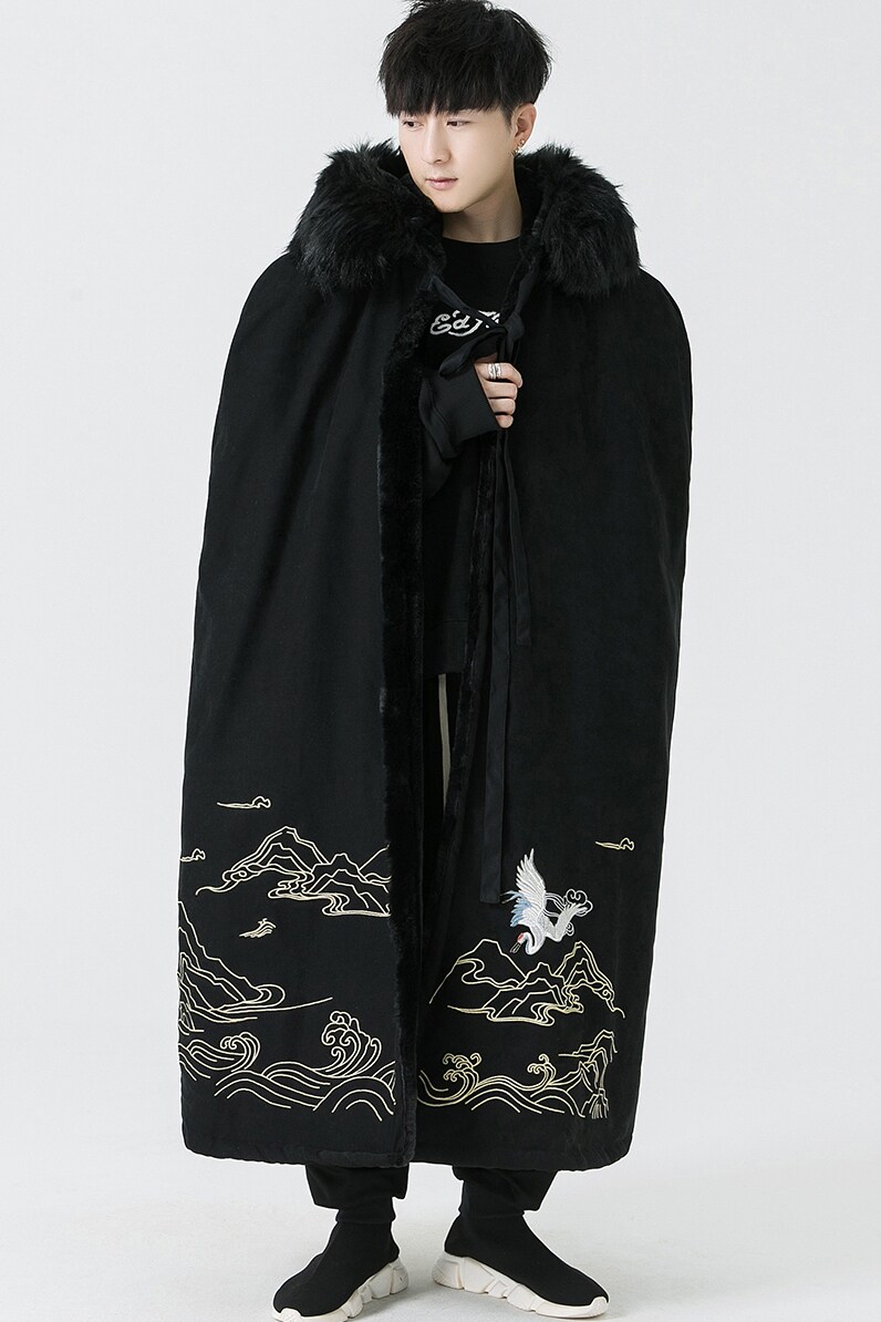 冬装汉服披风斗篷仙鹤刺绣保暖加绒毛领长款外套A330-P150,男装棉衣,钱塘7008(原4008)