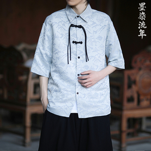 山水提花 防皱冰丝 夏2025 风 汉服短袖衬衫/衬衣A819-p65图片