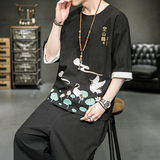A2035*男新品2021主推夏款荷花莲叶中国风T恤套装P75，男装休闲套装，钱塘7008(原4008)
