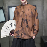 新中式2026春水墨竹白底风汉服盘扣长袖衬衫A905*P68，男装衬衫，钱塘7008(原4008)