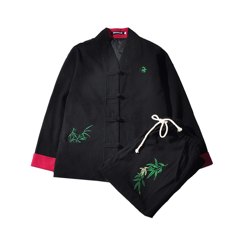 A1018新品中国风2021秋冬竹子刺绣棉麻盘扣/汉服套装P130,男装休闲套装,钱塘7008(原4008)