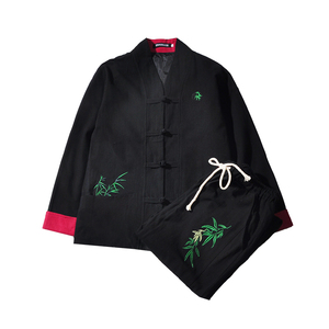 A1018新品中国风2021秋冬 竹子刺绣 棉麻盘扣/汉服套装P130图片