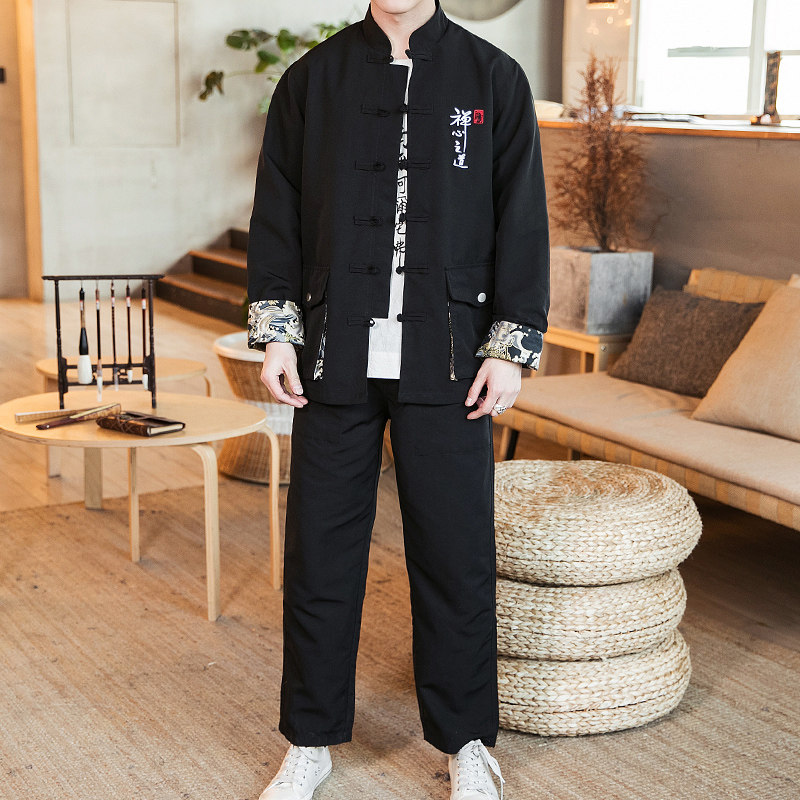 A706中国风大码2021秋冬禅心之道立体大口袋汉服套装P110，男装套装，钱塘7008(原4008)