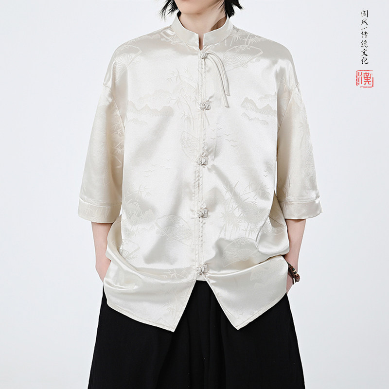 扇子提花夏季新品2025风汉服短袖衬衫/衬衣A679-p65,男装衬衫,钱塘7008(原4008)