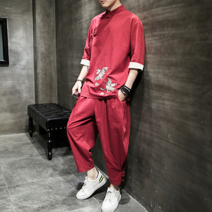 风2026夏仙鹤刺绣棉麻T恤+九分裤短袖套装A736-P100,100斤衣服搭配女生图片