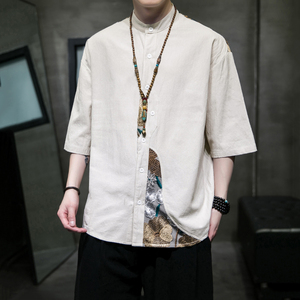夏2026新中式  拼花 棉麻 风 汉服短袖衬衫/衬衣A866-p65图片