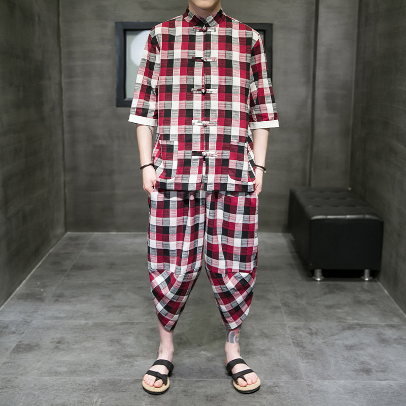 A3025*大码2021中国风男装 棉麻格子 开衫套装 汉服套装p95图片