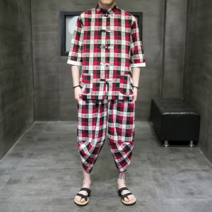 A3025*大码2021中国风男装 棉麻格子 开衫套装 汉服套装p95图片