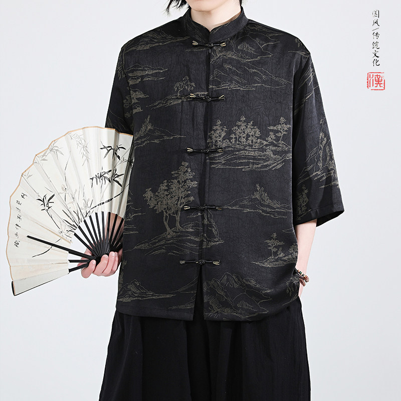 夏季新品2025风汉服短袖衬衫/衬衣A675-p65,男装衬衫,钱塘7008(原4008)